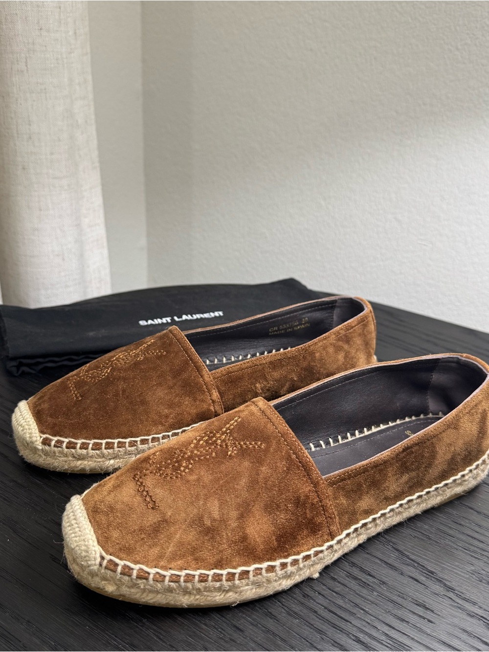 Saint Laurent YSL Espadrille Flats Logo Suede Brown 38